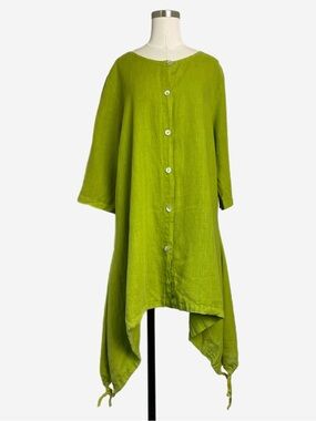 Bryn Walker Chartreuse green linen button tunic dress asymmetric Lagenlook M/L